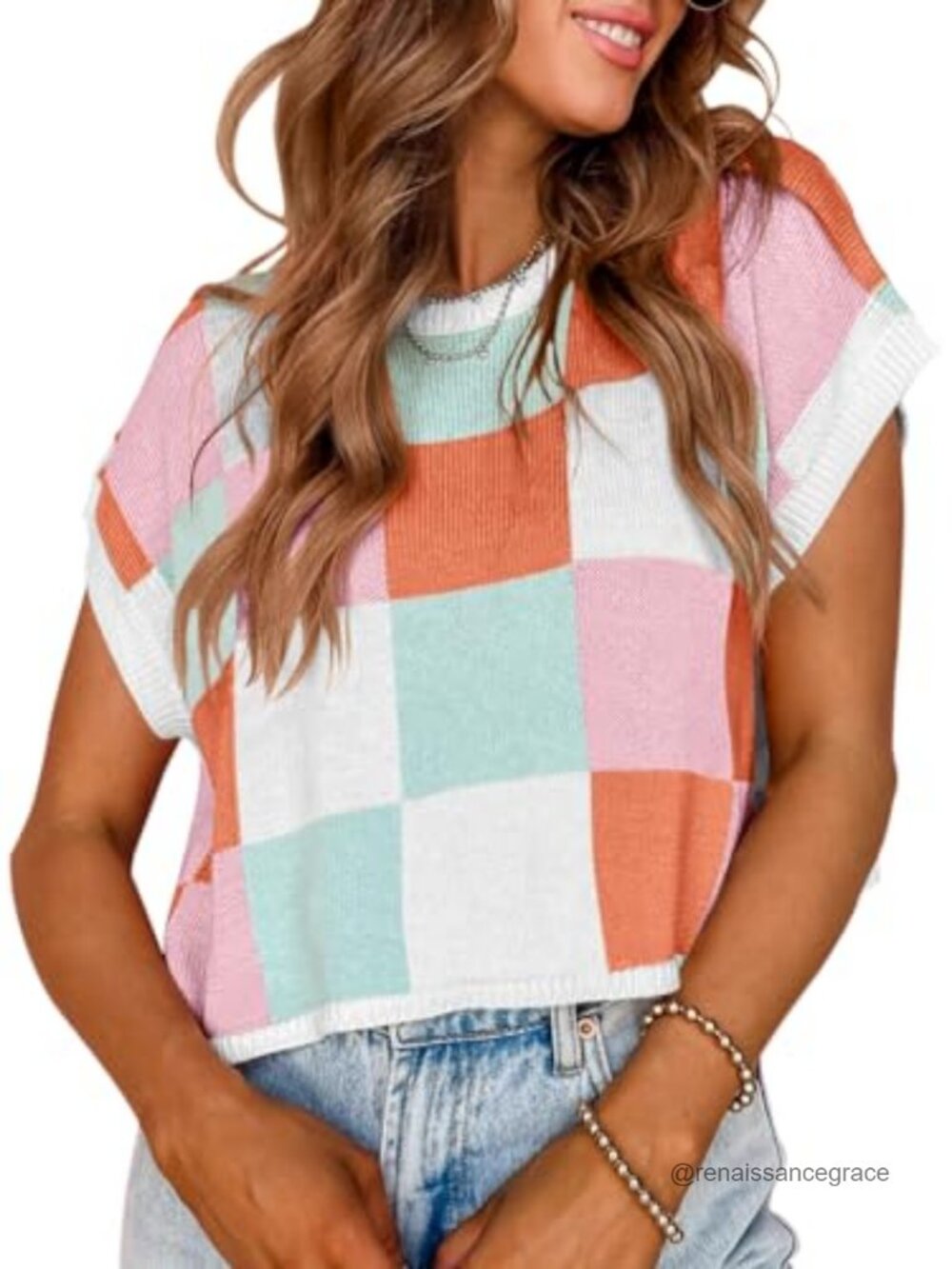 Women's Cap Sleeve Color Block Crop Knit Sweater, Lightweight Summer Pullover